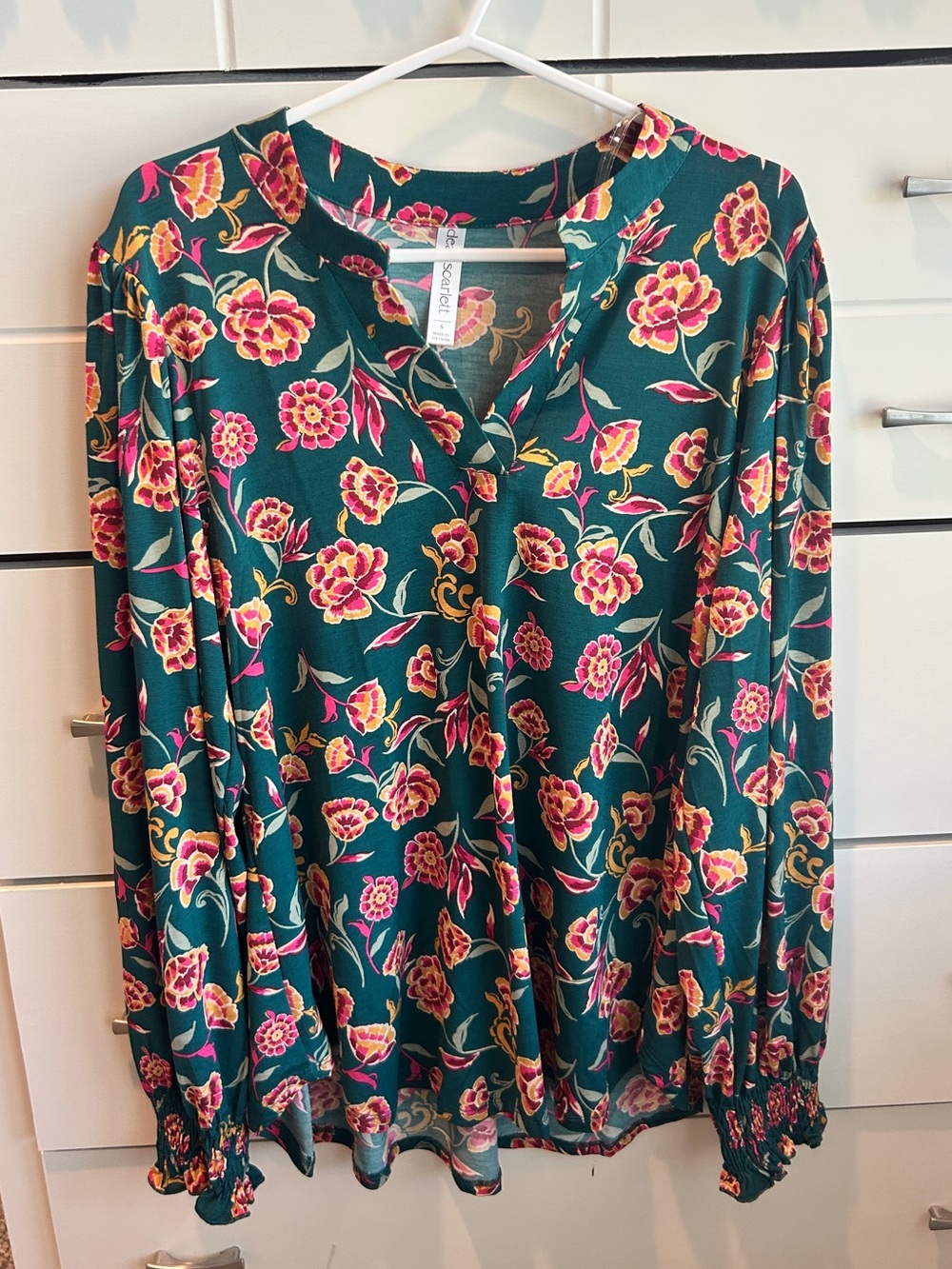 Dear Scarlett V-Neck Long Sleeve Blouse in Teal with Pink & Yellow Flowers